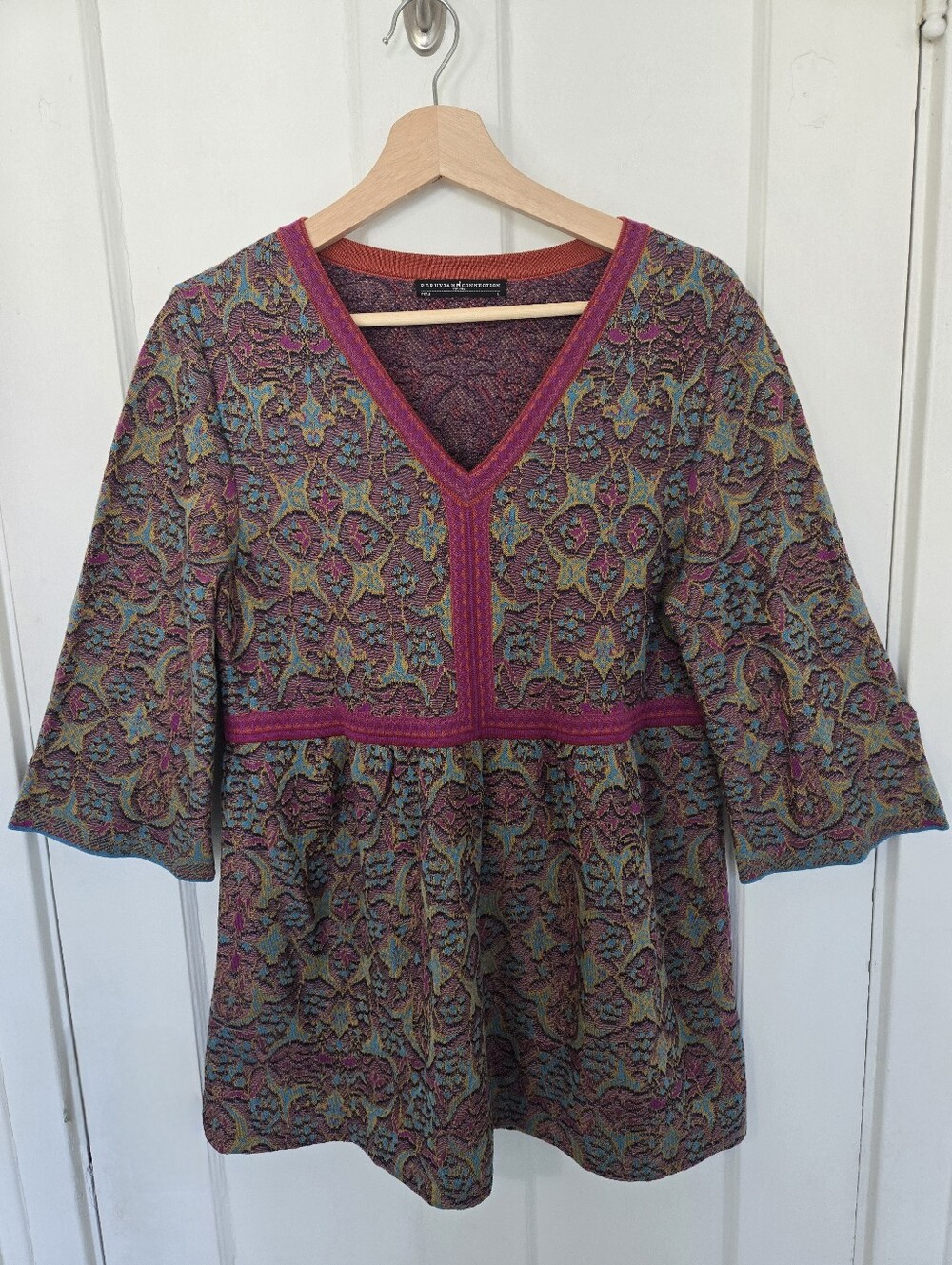 Peruvian Connection Jacquard Knit Babydoll Bell Sleeve‎ Sweater Size L Bohemian